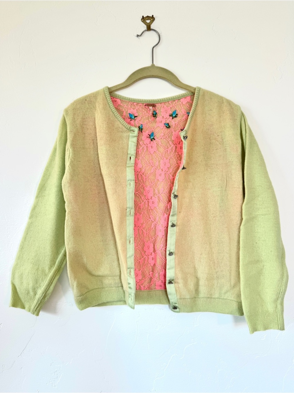 Free People Pale Lime Green Wool and Hot Pink Lace Lined Button-Up Cardigan